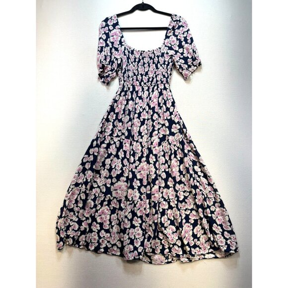 Abercrombie & Fitch Womens Floral Flowy Dress S Navy Pink White Elastic Waist Sm - Picture 16 of 16